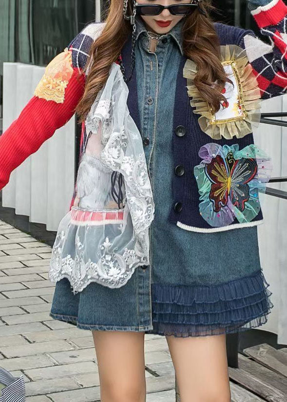 Chic Red Knit Patchwork Denim Ruffled Fall Long Sleeve Coat
