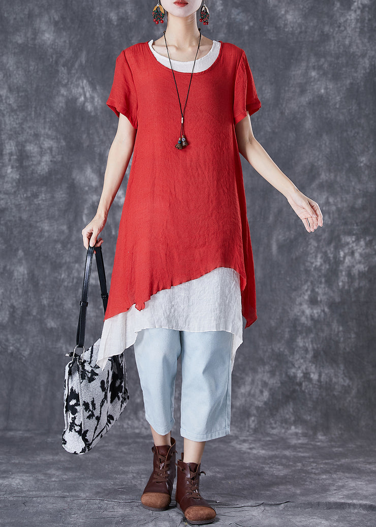Chic Red O-Neck Asymmetrical Linen Two Pieces Set Summer