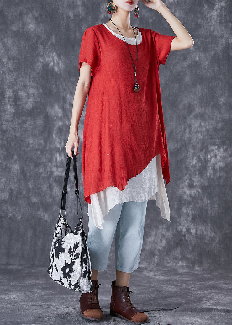 Chic Red O-Neck Asymmetrical Linen Two Pieces Set Summer