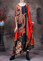 Chic Red O-Neck Oversized Print Silk Long Dress Short Sleeve
