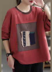 Chic Red O-Neck Patch Applikation Cotton Shirt Spring