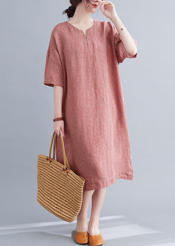 Chic Red Oversized Plaid Linen A Line Dresses Summer