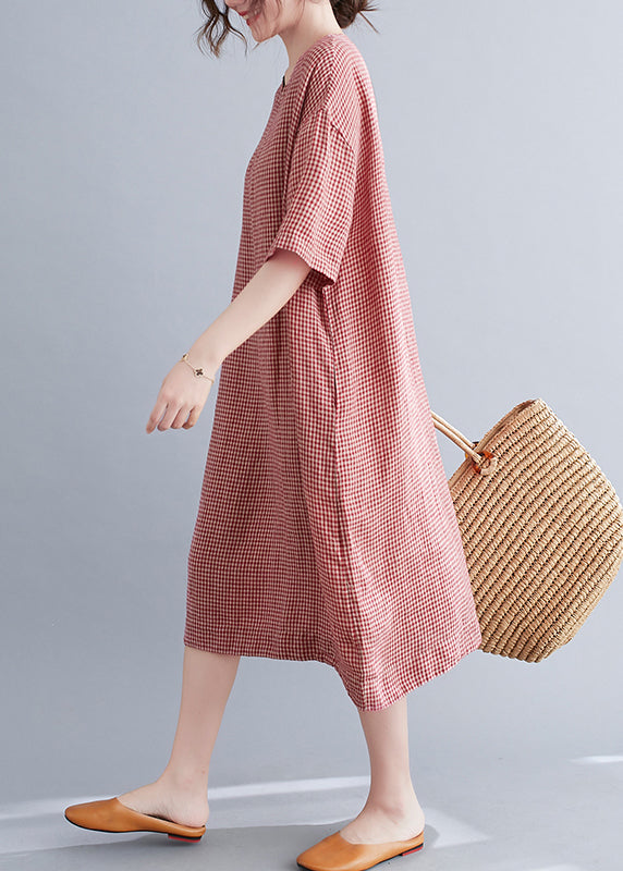 Chic Red Oversized Plaid Linen A Line Dresses Summer
