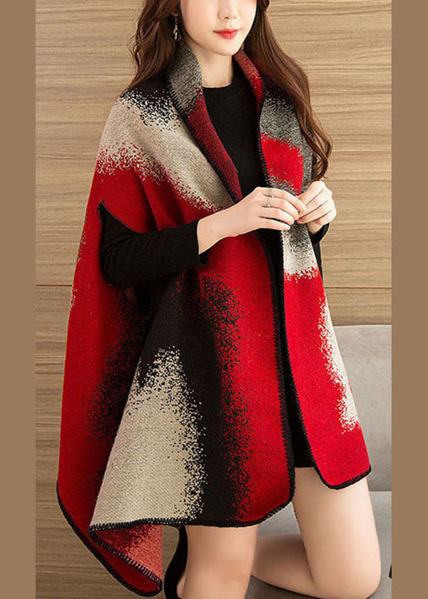 Chic Red Oversized Print Warm Wool Knit Cloak Spring