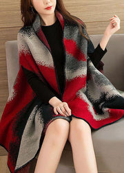 Chic Red Oversized Print Warm Wool Knit Cloak Spring