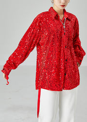 Chic Red Oversized Sequins Silk Velour Shirt Tops Spring