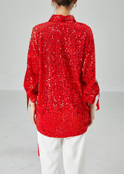 Chic Red Oversized Sequins Silk Velour Shirt Tops Spring