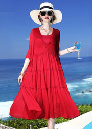 Chic Red Patchwork Silk Two Pieces Set Beach Holiday Dress Summer