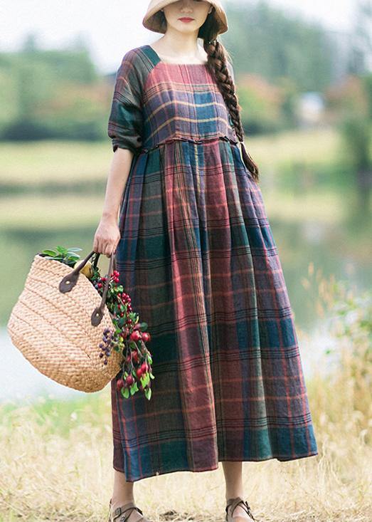 Chic Red Plaid Clothes For Women Wrinkled Robe Spring Dress - SooLinen