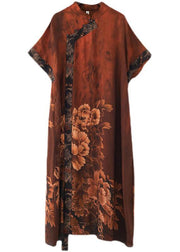 Chic Red Print Chiffon Peony Oriental Summer Dress - SooLinen