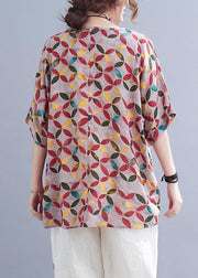 Chic Red Print Half Sleeve Cotton Linen Summer Shirt - SooLinen