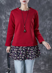 Chic Red Print Patchwork Warm Fleece Blouses Winter