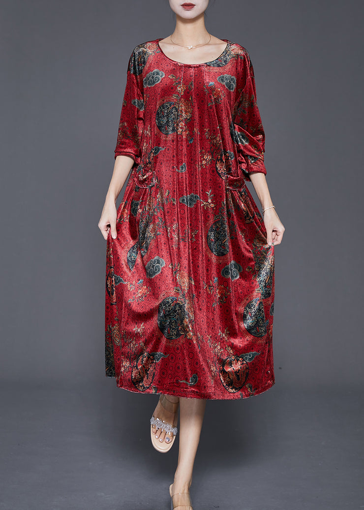Chic Red Print Pockets Silk Velour Maxi Dress Fall