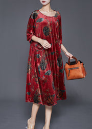 Chic Red Print Pockets Silk Velour Maxi Dress Fall