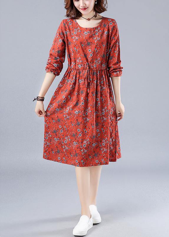 Chic Red Print Wardrobes O Neck Drawstring Loose Spring Dresses - SooLinen