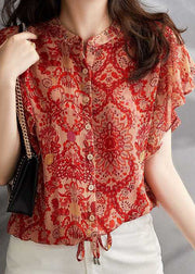 Chic Red Ruffled Print Patchwork Silk Shirt Tops Summer