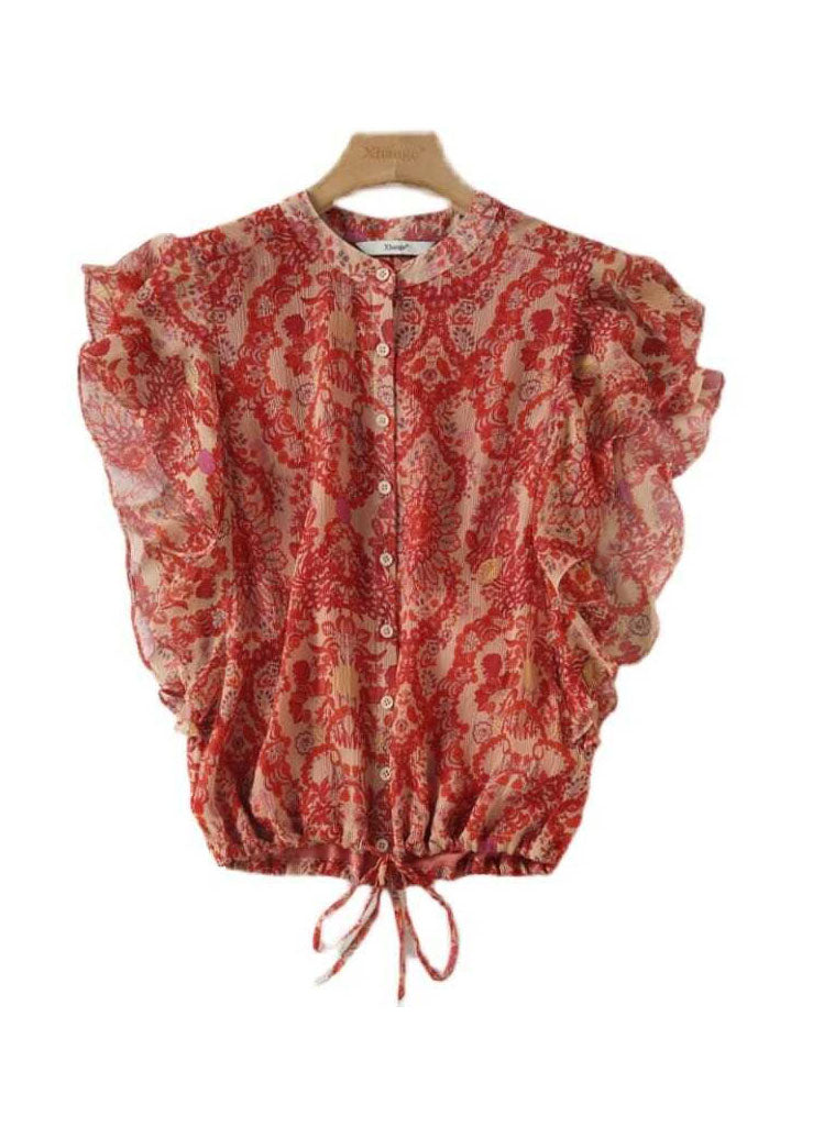 Chic Red Ruffled Print Patchwork Silk Shirt Tops Summer