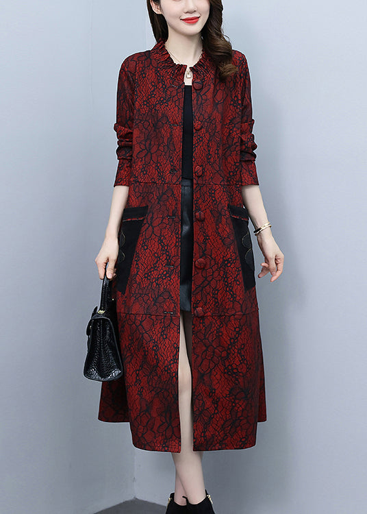 Chic Red Stand Collar Print Long Trench Coats Spring