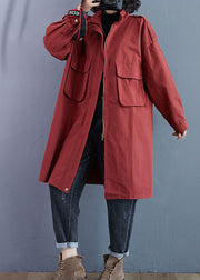 Chic Red Stand Collar Zippered Pockets Fall Long Sleeve Trench Coats