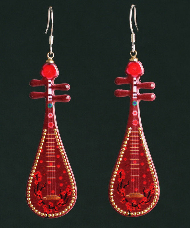 Chic Red Sterling Silver Pipa Drop Earrings