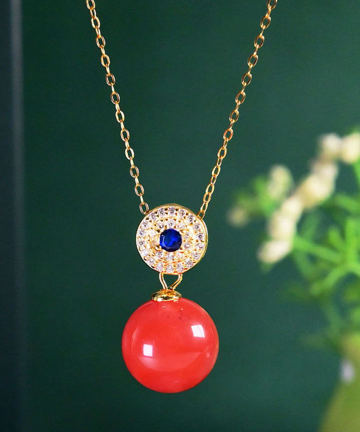 Chic Red Sterling Silver Zircon Ball Agate Pendant Necklace