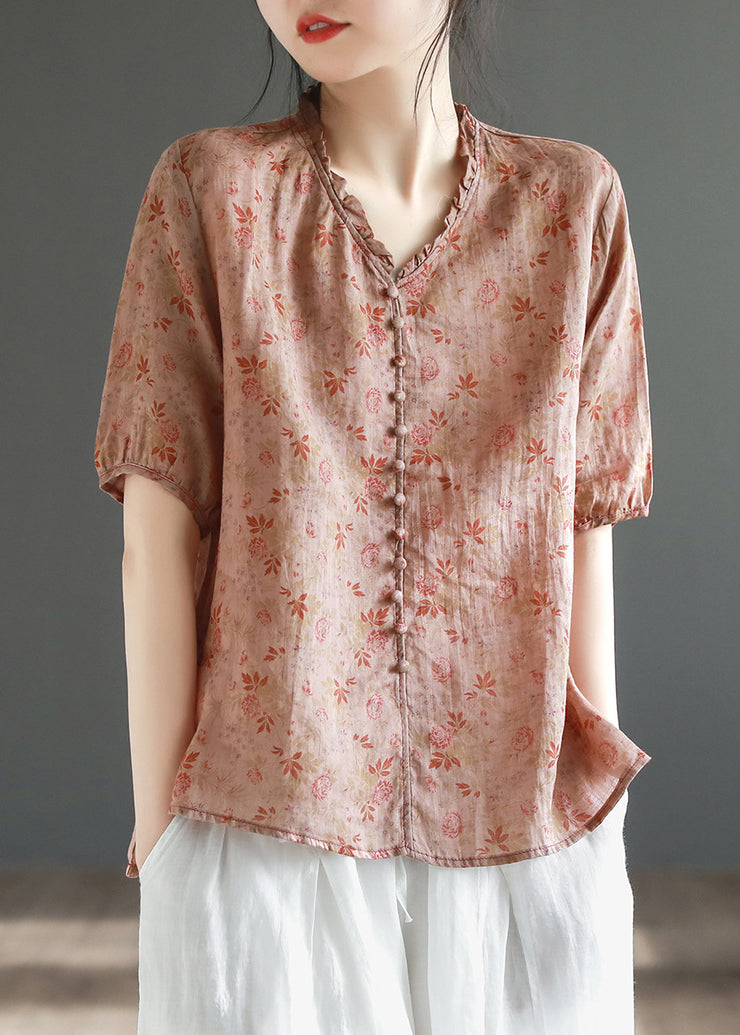 Chic Red V Neck Button Linen Top Short Sleeve