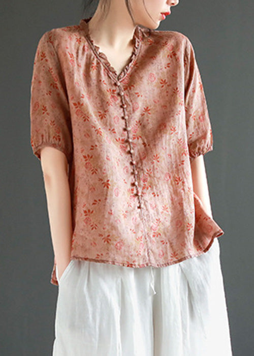 Chic Red V Neck Button Linen Top Short Sleeve