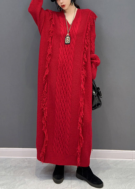 Chic Red V Neck Tassel long Knit Dress Winter