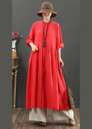 Chic Red cotton Outfit O Neck Cinched Robes Spring Dress - SooLinen