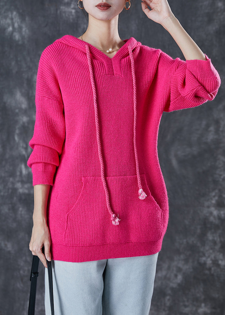 Chic Rose Hooded Drawstring Knit Sweatshirts Top Spring