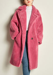 Chic Rose Notched Pockets Cozy Loose Faux Fur Coat Long Sleeve