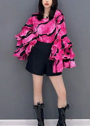 Chic Rose O Neck Striped Patchwork Chiffon Top Petal Sleeve
