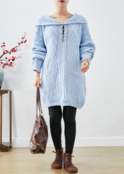 Chic Sky Blue Hooded Oversized Knit Sweater Dress Fall