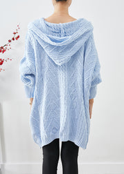 Chic Sky Blue Hooded Oversized Knit Sweater Dress Fall
