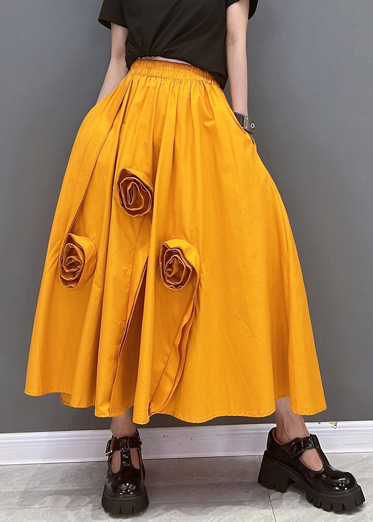 Chic Solid Orange Elastic Waist Pockets Floral Cotton A Line Skirt Summer