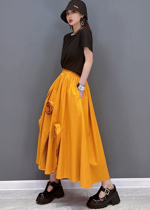 Chic Solid Orange Elastic Waist Pockets Floral Cotton A Line Skirt Summer