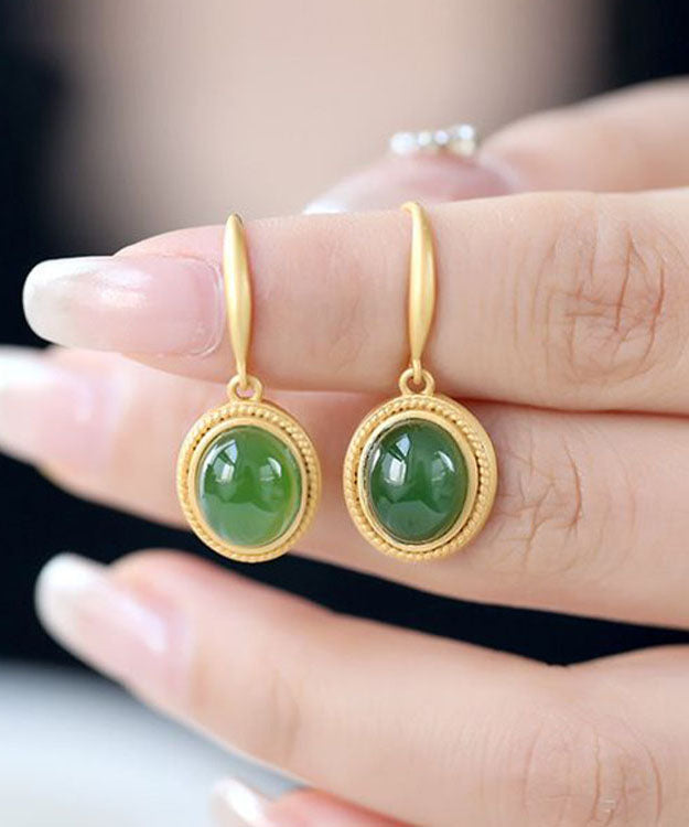 Chic Spinach Green Sterling Silver Inlaid Jade Drop Earrings