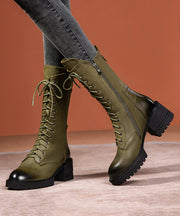 Chic Splicing Chunky Boots Green Cowhide Leather Lace Up