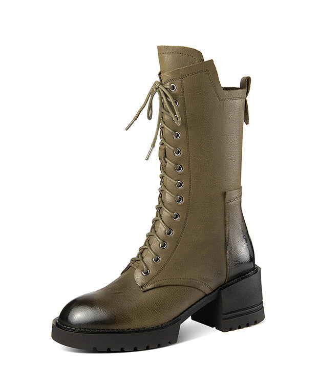 Chic Splicing Chunky Boots Green Cowhide Leather Lace Up