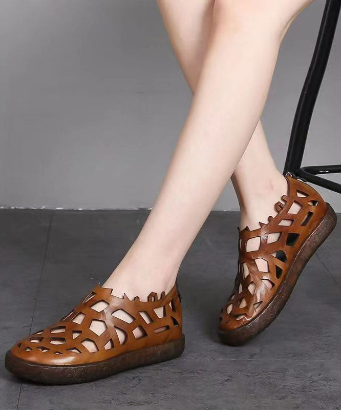 Chic Splicing Hollow Out Flat Sandals Brown Cowhide Leather