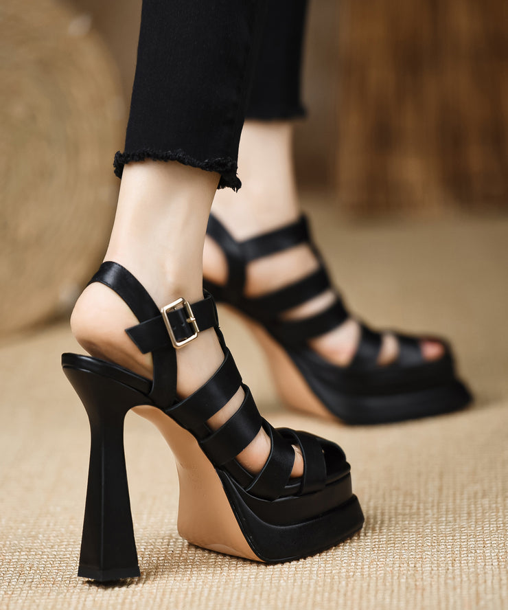 Chic Splicing Hollow Out High Heels Sandals Black Cowhide Leather