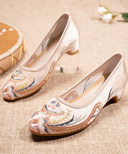 Chic Splicing Pointed Toe Chunky Beige Satin Embroidered
