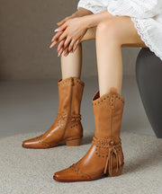 Chic Splicing Rivet Tassel Chunky Boots Yellow Cowhide Leather