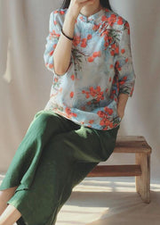 Chic Stand Collar Chinese Button Tops Women Print Shirts - SooLinen