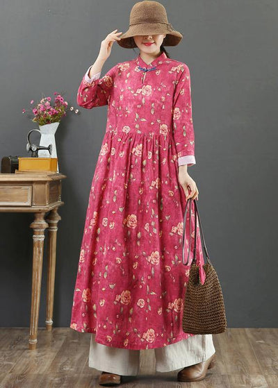 Chic Stand Collar Cinched Spring Dresses Red Print Plus Size Dress - SooLinen