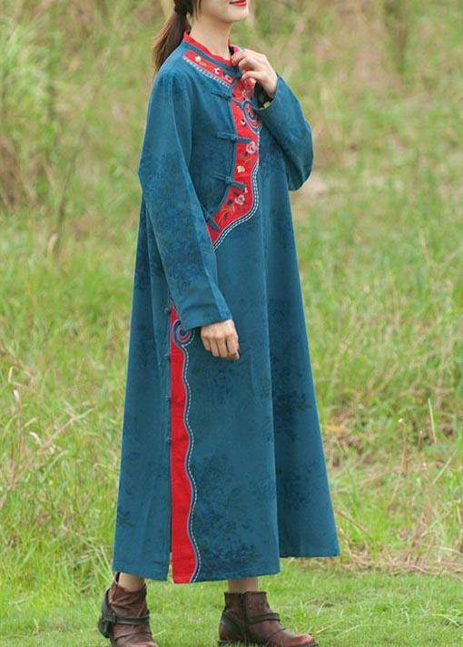 Chic Stand Collar Spring Tunics Pattern Blue Embroidery Long Dresses - SooLinen