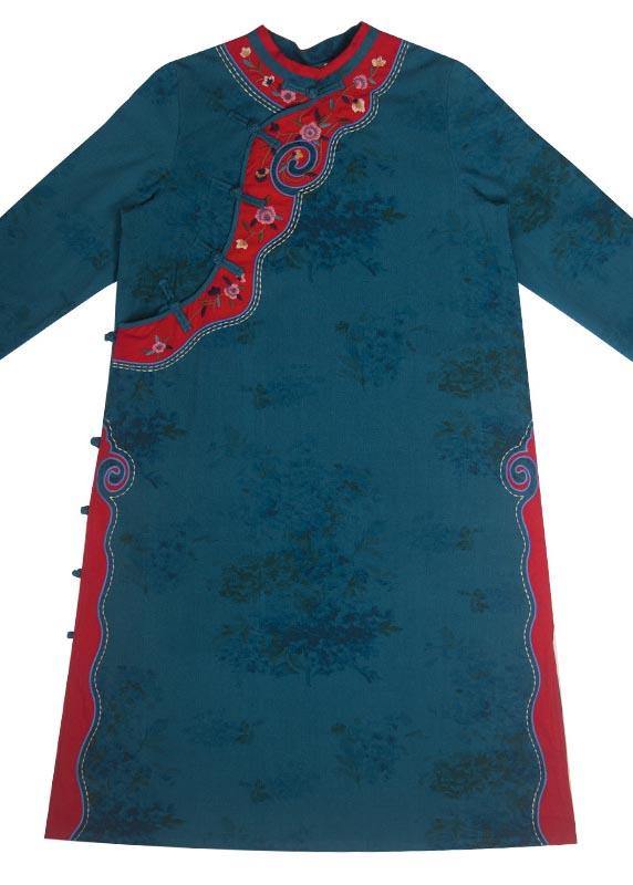 Chic Stand Collar Spring Tunics Pattern Blue Embroidery Long Dresses - SooLinen