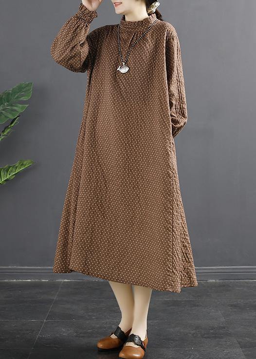 Chic Stand Collar Tunic Dress Work Outfits Chocolate Dotted Maxi Dress - SooLinen
