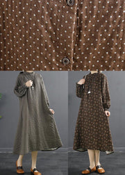 Chic Stand Collar Tunic Dress Work Outfits Chocolate Dotted Maxi Dress - SooLinen