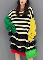 Chic Striped O Neck Tulle Patchwork Cotton Knit Mid Dress Fall